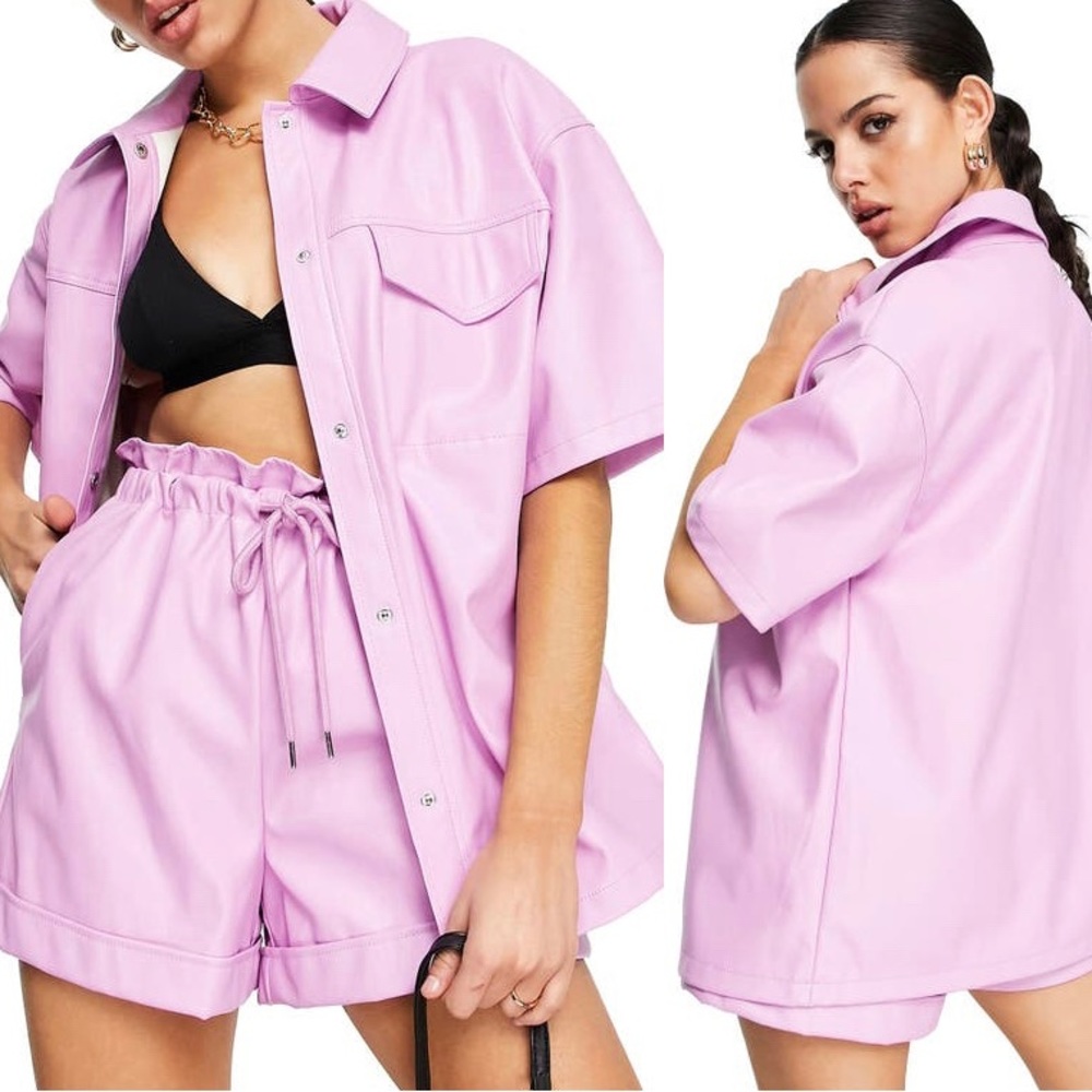 Women’s short sleeve faux leather shirt and matching shorts set